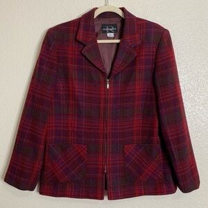 Requirements Wool Blend Red Plaid Zip Up Blazer Jacket, Size 12